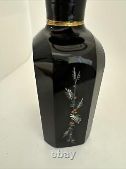 Vtg Antique 19th Century Black Amethyst Glass & Handpainted Perfume Bottle