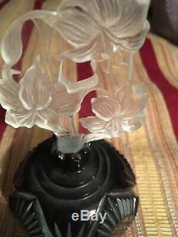 Vtg Black Czech Perfume Bottle -heavy Black Cut Glass With Carved Stopper