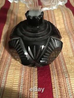 Vtg Black Czech Perfume Bottle -heavy Black Cut Glass With Carved Stopper