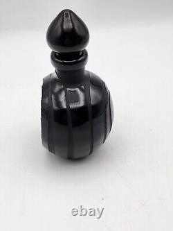 Vtg Black Satin Sand Carved Perfume Bottle & Stopper. 1983 Signed