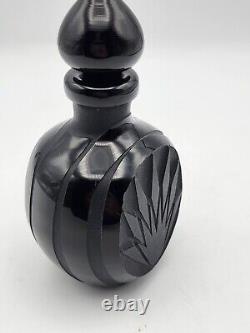 Vtg Black Satin Sand Carved Perfume Bottle & Stopper. 1983 Signed