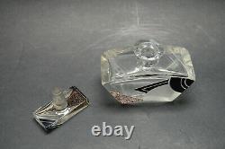 Vtg Czech Art Deco perfume bottle, Clear Glass Black Red Enamel Karl Palda