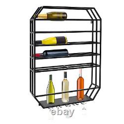 Wall Mounted Wine Rack Floating Bottle+Glass Holder Wood & Metal Wine Shelf