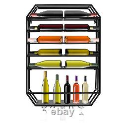 Wall Mounted Wine Rack Floating Bottle+Glass Holder Wood & Metal Wine Shelf