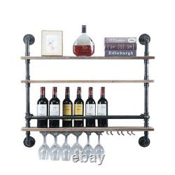 Wall Mounted Wine Rack Industrial Pipe Shelf Bar Shelves with Glass Bottle Holder