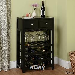 Wine Rack Cabinet Wooden 20-Bottle Storage Tower Glass Holder Wood Black Drawers