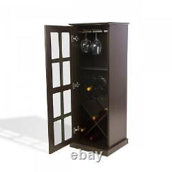 Wine Rack Storage Cabinet Holds 24 Bottles and 8 Wine Glasses Door Espresso New