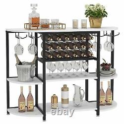 Wine Rack Table Bar Cabinet for Liquor and Glasses Vintage Oak/White+Metal Frame