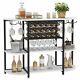 Wine Rack Table Bar Cabinet For Liquor And Glasses Vintage Oak/white+metal Frame