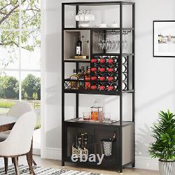 Wood & Metal Industrial Wine Bar Cabinet with Bottle Glasses Holder for Home Pub