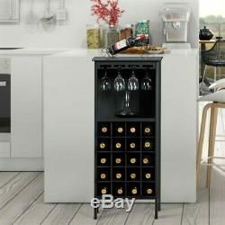 Wood Storage Cabinet Wine Rack Display Home Bar with Glass Holder Black 20 Bottles