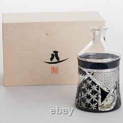 Yachiyo Kiriko Japanese glass Sake bottle Tokkuri Black Sumi ink kinpaku Kikko